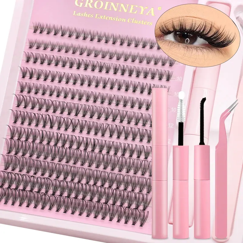 GROINNEYA DIY Lash Extension Kit Volume Lash Clusters Mix Curl Individual Lashes Kit with Lash Bond and Seal Lash Tweezers