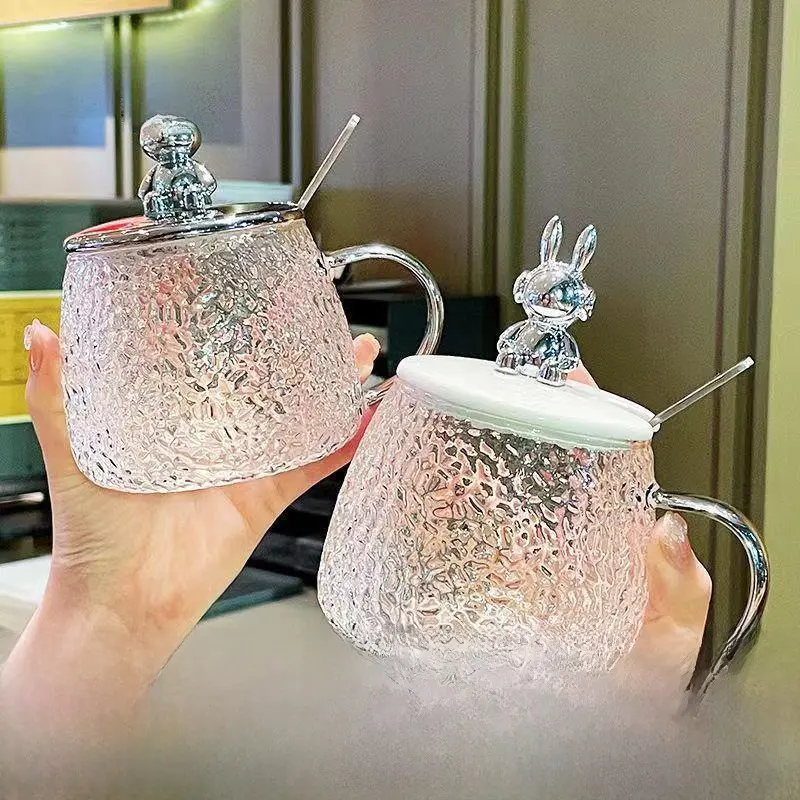 TikTok Trendy Bear Print Glass Mug with Handle