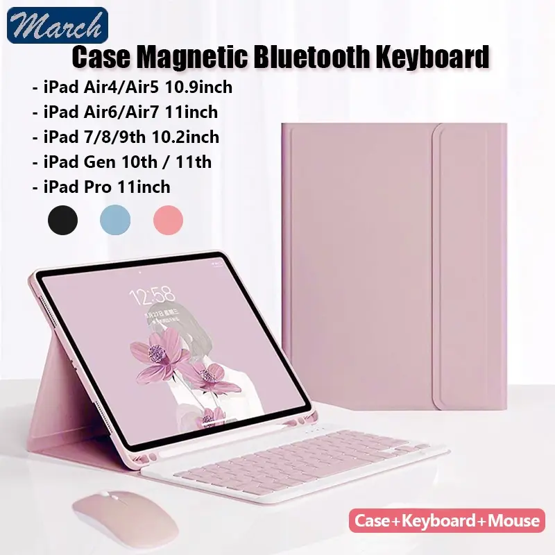 Case Keyboard iPad + Mouse - Cover Magnetik Slot Pencil Kompatibel iPad Gen 10th/11th A16  iPad 7/8/9th 10.2" Air 4/5 10.9" Air 6/7M3 11"With Slot Pen Auto Lock Wake Up For iPad Pro 11inch