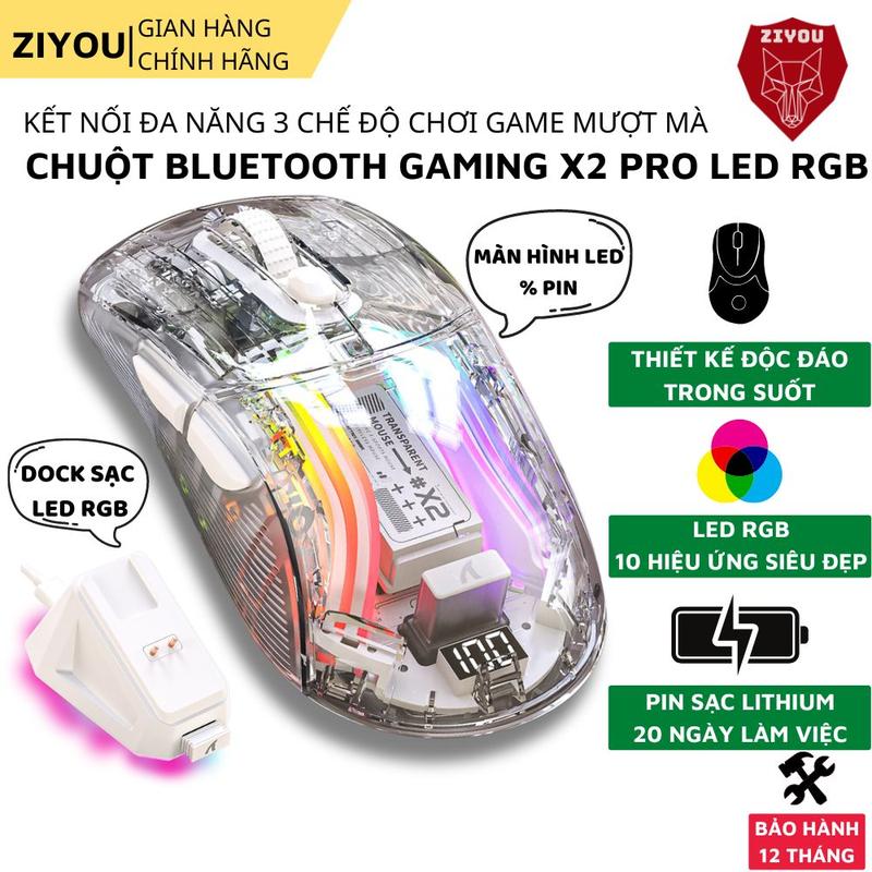 Chuột Không Dây Bluetooth Ziyou X2 PRO VIP Mouse Trong Suốt Có Dock Sạc LED RGB Pin Trâu Kết Nối Cho Pc Laptop Ipad Mac