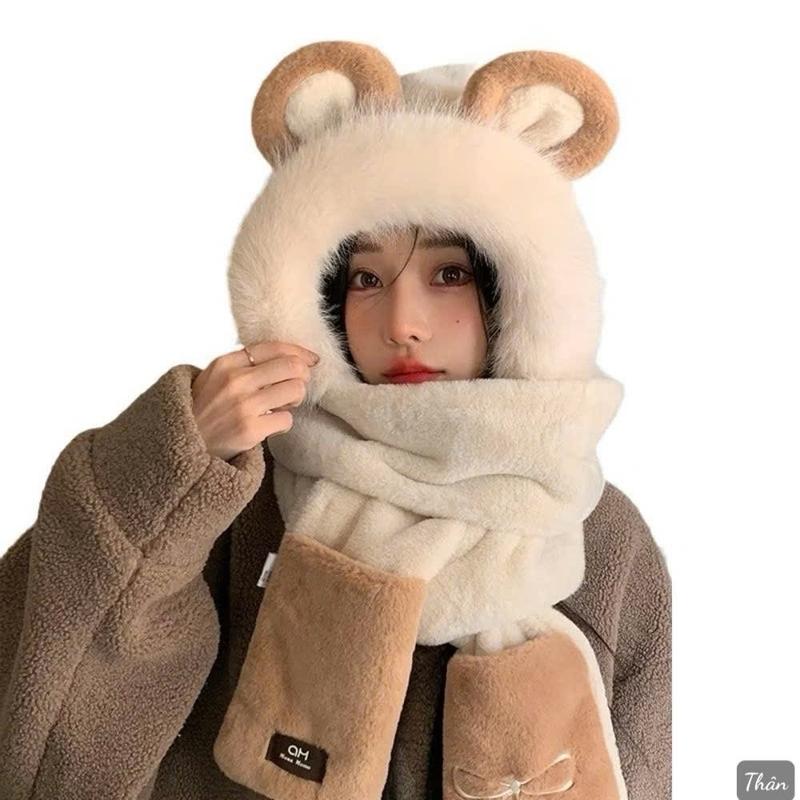 Mũ Lông 3in1 Thêu Hình Nơ XinhBộ găng tay khăn quàng cổ mũ Mũ len nữ ấm áp mùa đông dày dặn ấm áp, Sừng Ram Mũ bảo vệ tai thỏ dễ thương Thu đông