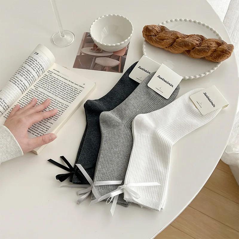 Product Introduction of Japanese JK Sweet Bowknot Tied Middle Tube Socks Women Heel Bow Socks Casual Black White Pile Socks Girls Sports Cotton Socks Womenswear Lingerie lolita Comfort Bridal Basic Minimalist 17