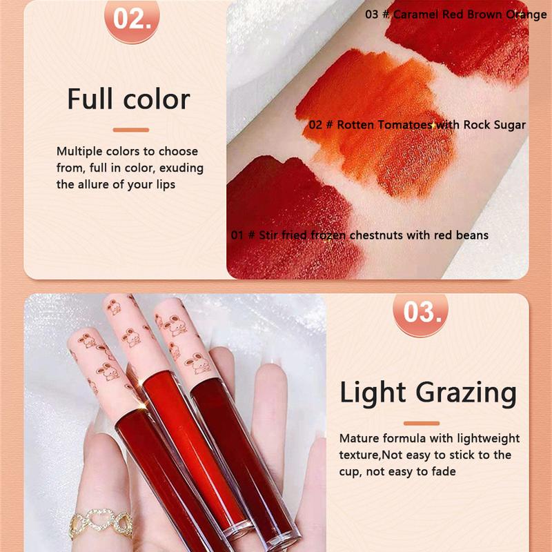 Son Bóng Nhung Đỏ Mờ, 3 Màu, Không Thấm Nước, Cốc Chống Dính, Son Môi Dạng Lỏng, Cốc Chống Dính, Men Môi 7