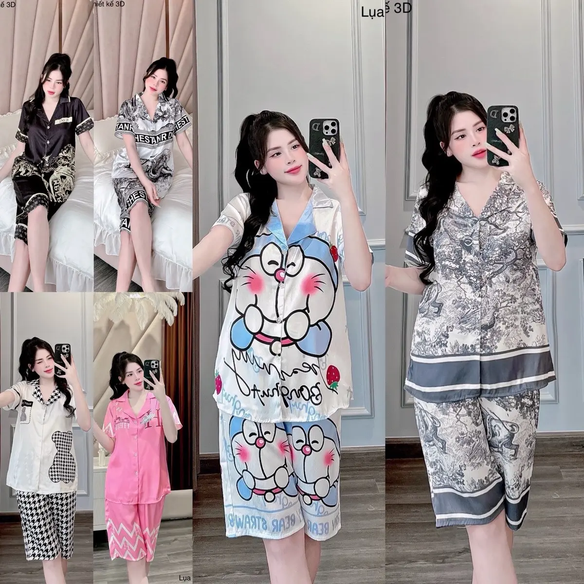 Đồ Bộ Pijama Lửng Lụa Xước Tay Ngắn Freesize 40-58Kg Nhiều Hình Cute dobodui