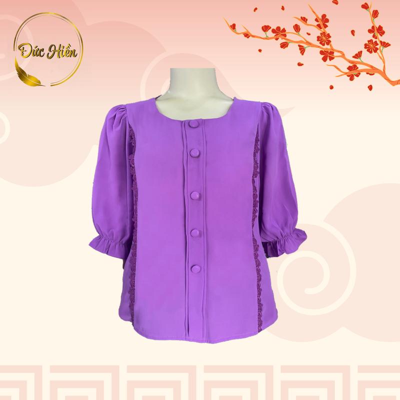 ÁO NỮ TRUNG NIÊN LỤA TẦM Ý ĐÍNH NÚT SANG TRỌNG Top Sơ Mi Women Kem Đen Cotton Cổ tròn Thông thường 5
