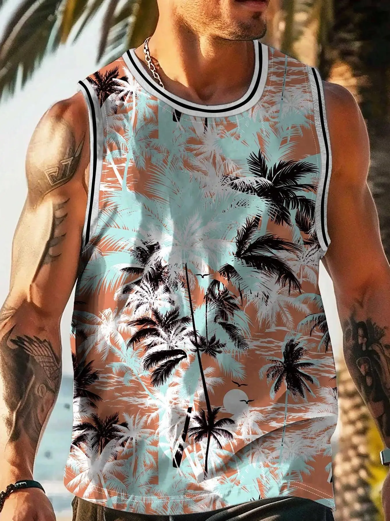 Men's Regular Fit Ditsy Floral & Palm Tree Print Tank Top, Casual Sleeveless Round Neck Top for Summer, Fashion Men's Clothes for Beach Vacation, Menswear