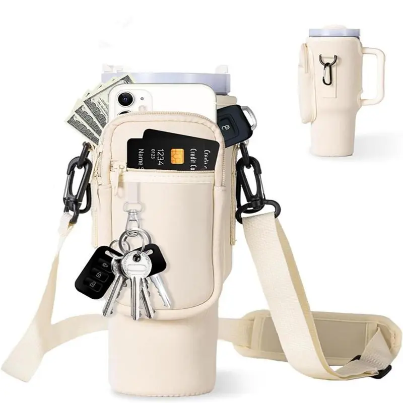 Portable Travel Water Bottle Holder with Adjustable Shoulder Strap, Kitchen Accessories Water Bottle Storage Organizer with Mountaineering Buckle