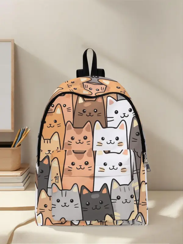 Cute Cat Pattern Backpack, Casual Large Capacity Zipper Backpack for Women & Men, Fashionable Backpack for Daily Use 4