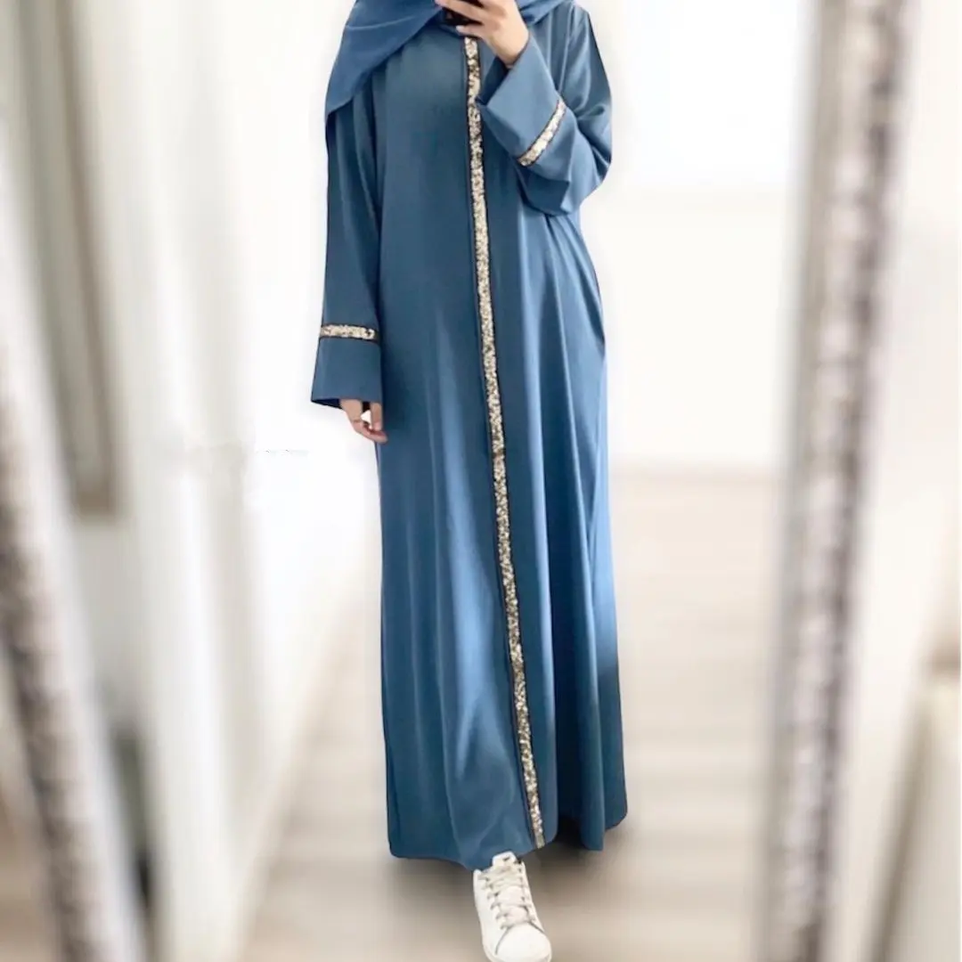 New South East Asia Muslim Women's Robe Splicing Trim Sequin Dress Solid Color Chiffon Robe