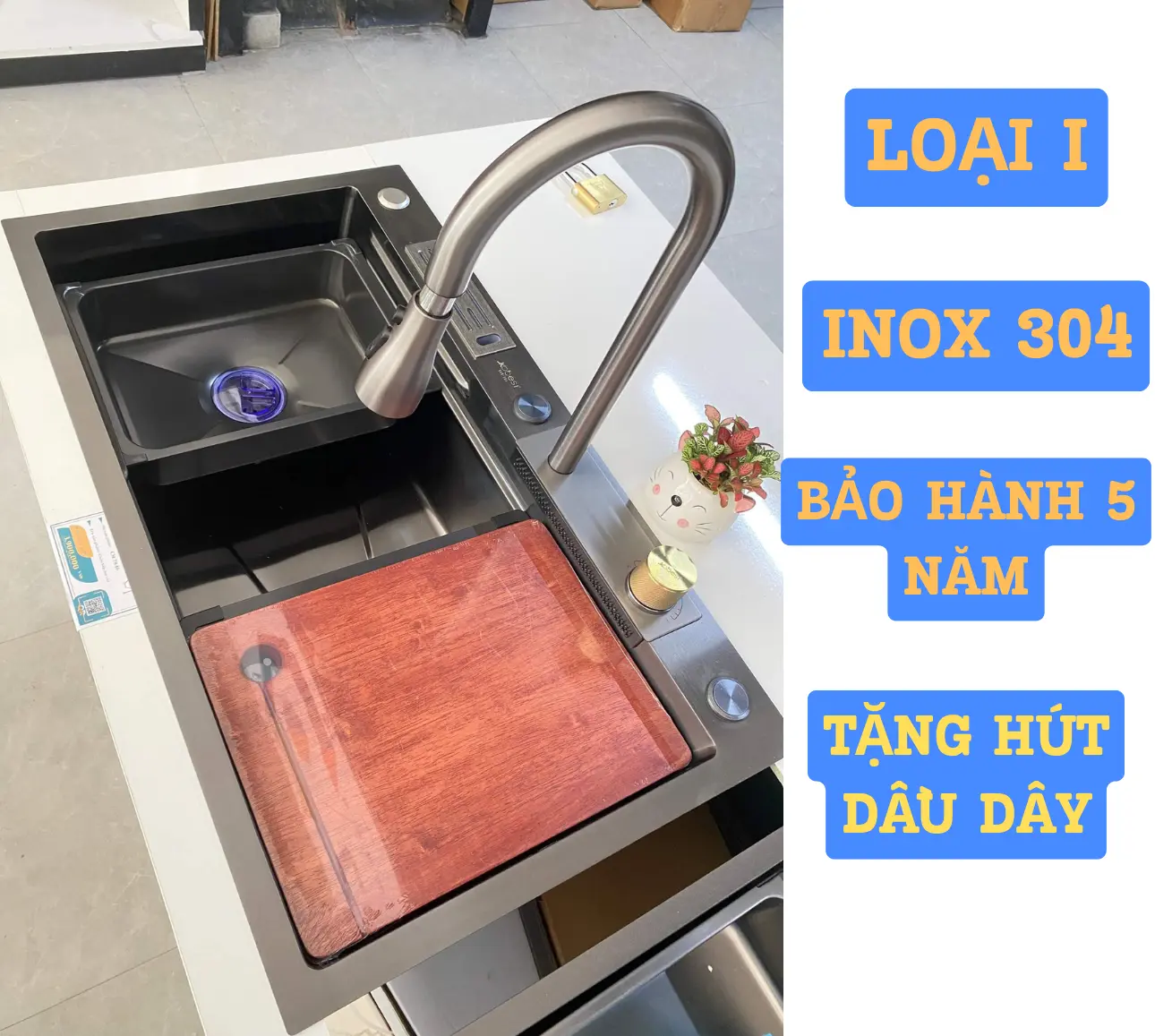 Chậu rửa chén/ bát thác nước có cài dao cao cấp inox 304