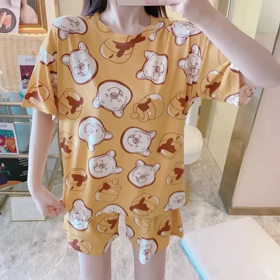 Baju Tidur Wanita Piyama Size L Kecil Korea Lengan Pendek Celana Pendek Motif Kartun Lucu Setelan Tidur Hotpants Murah Model Kaos Korea Fit to L Dewasa