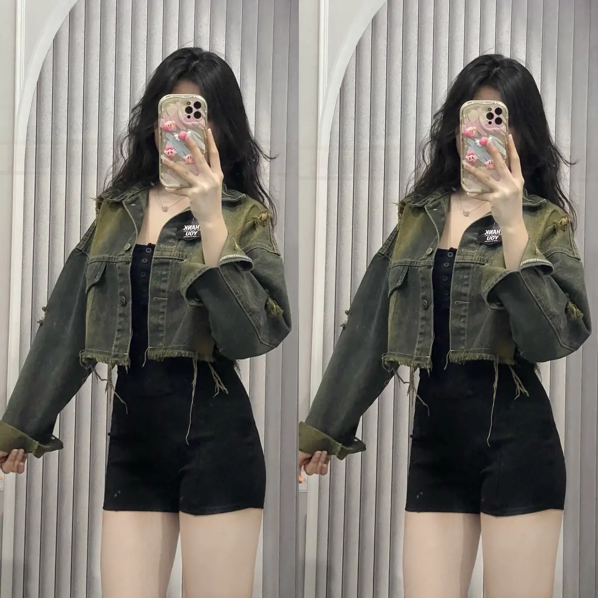 Áo Khoác Jeans Cắt Lai Màu Bụi Vàng Nữ Women Top