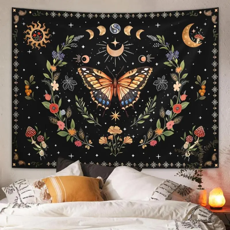 Wall Tapestry, 1 Count Summer Bohemian Style Butterfly Flower Moon Phase Print Tapestry, Wall Hanging Decor for Bedroom Living Room Home Decor 4