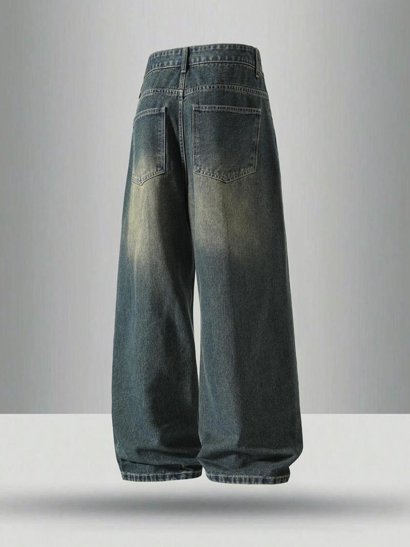 Product Introduction of Men's Vintage Wash Pocket Wide Leg Jeans, Loose Casual Comfy Denim Pants for Daily Wear, Woven Bottoms for All Seasons, Jeans for Men, Cotton 2