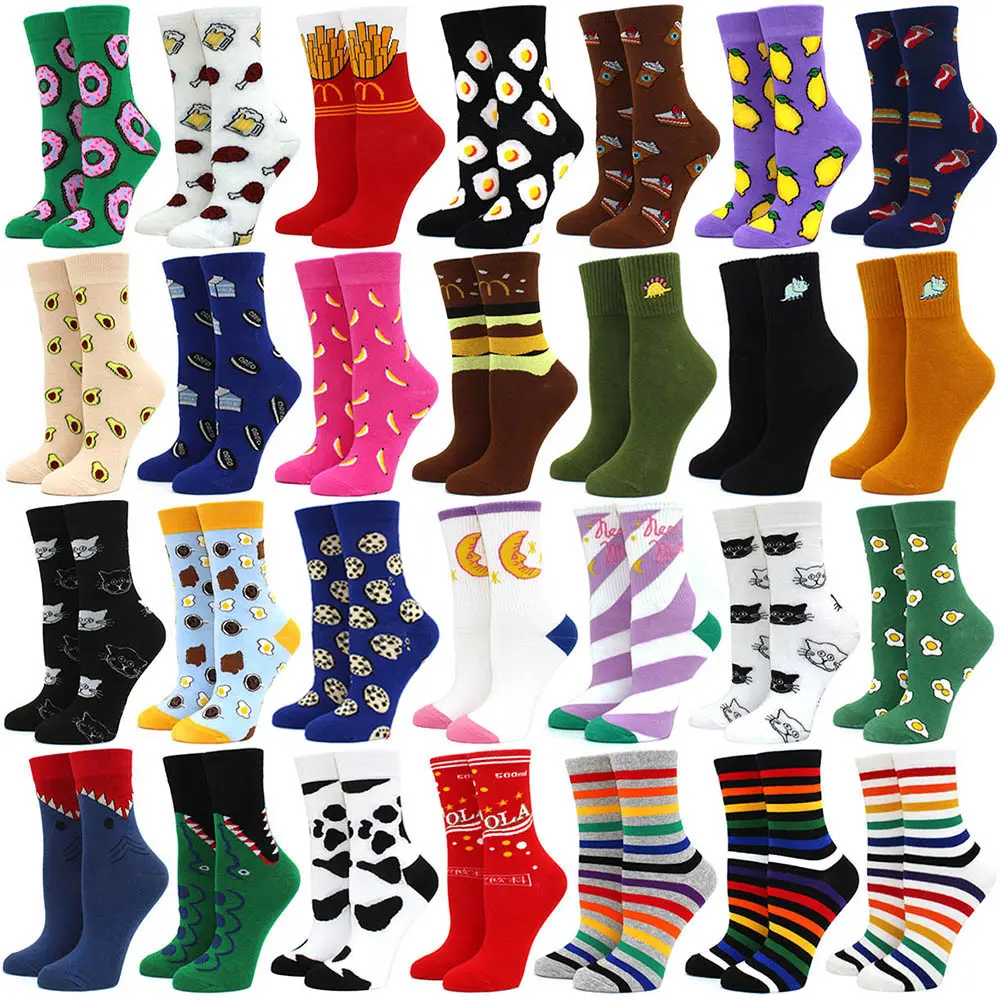 Women Socks Funny Cute Cartoon Fruits Banana Avocado Lemon Egg Cookie Donuts Food Happy colorful novelty skateboard Socks