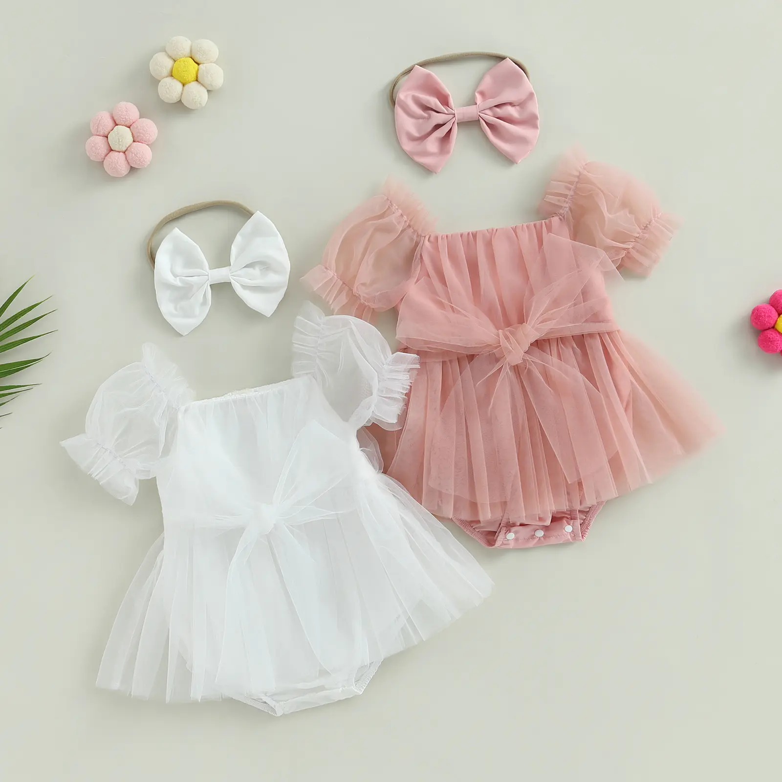 Baby Girl Summer Outfits, Short Sleeve Bow Front Romper Tulle Dress with Headband Set 2Pcs Clothes