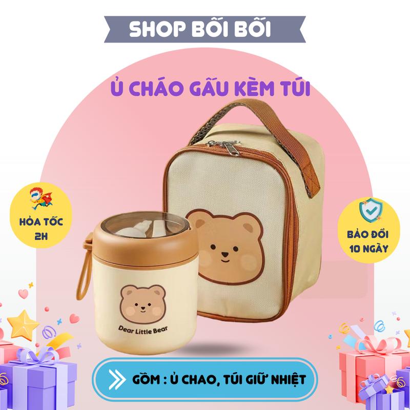  Bình ủ cháo inox 304 cùng túi giữ nhiệt cho bé trai bé gái hình gấu 
