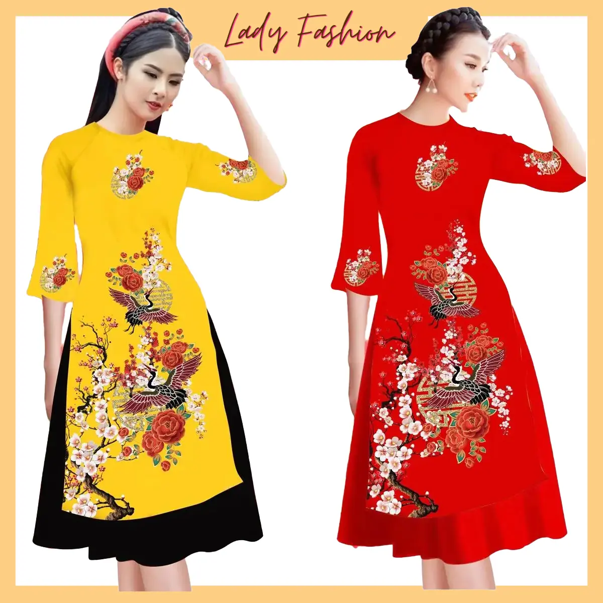 LADYFASHION06 - AD037 Áo dài cách tân in chim hạt đậu trên cành đào Dress  Váy Cổ Tròn