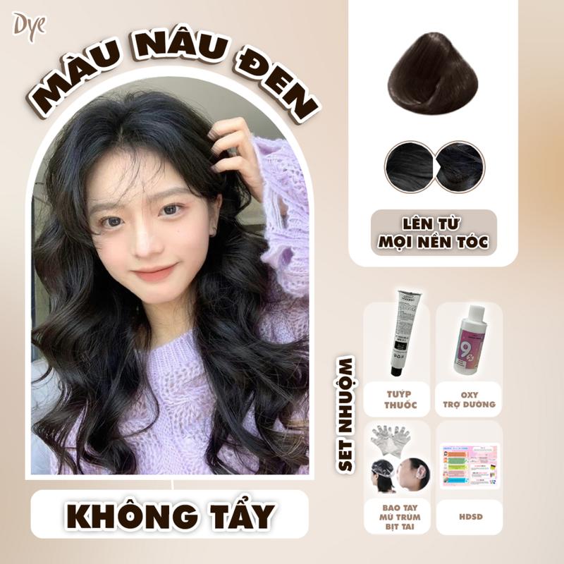 Thuốc nhuộm tóc màu Nâu Đen, Dyehair, tặng kèm oxy trợ dưỡng và bao tay, hạ tone tóc, đè màu đỏ, Bền màu Không chứa silicon Đổi Màu Tóc Nữ