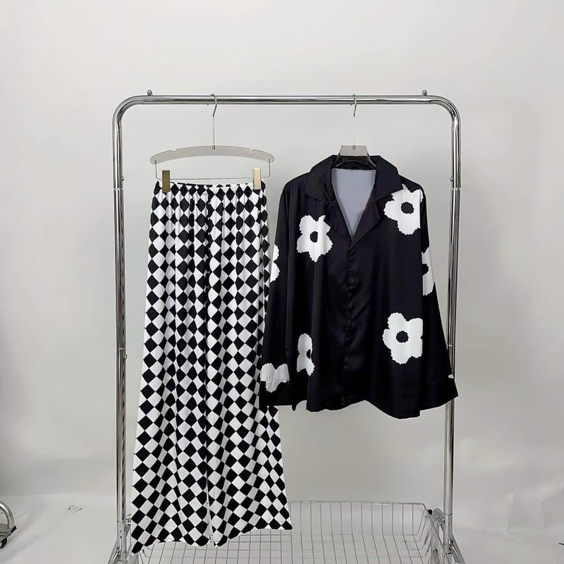 Đồ Bộ Nữ In Hình Hoa Trắng Nền Đen, Tay Ngắn Và Tay Dài Quần Dài Ống Suông Nhỏ (ống thường), Size 40-60kg và 60-75kg, Chất Vải Lụa Xước Mềm, Mịn, Mát