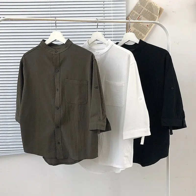 [M-3XL] Áo sơ mi nam 3 / 4 SLEEVE, cổ đứng, tay ngắn, vải lanh cotton, giản dị, đa năng, tay áo dài