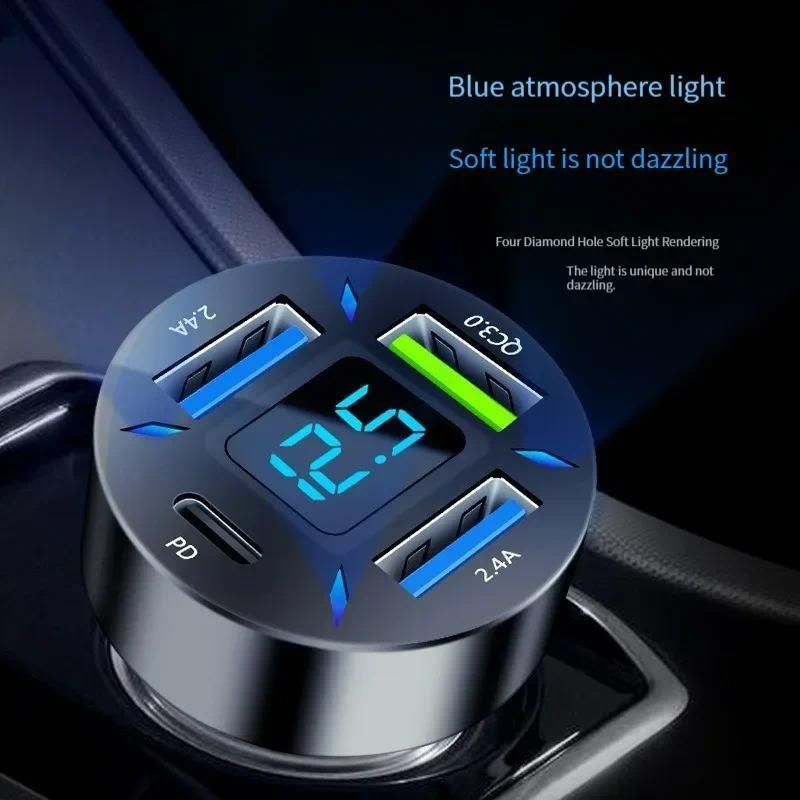 Bộ sạc ô tô 66W, bộ chuyển đổi bật lửa sạc nhanh, 4 cổng USB A + USB C, bộ sạc điện thoại sạc nhanh cho iPhone Xiaomi Samsung