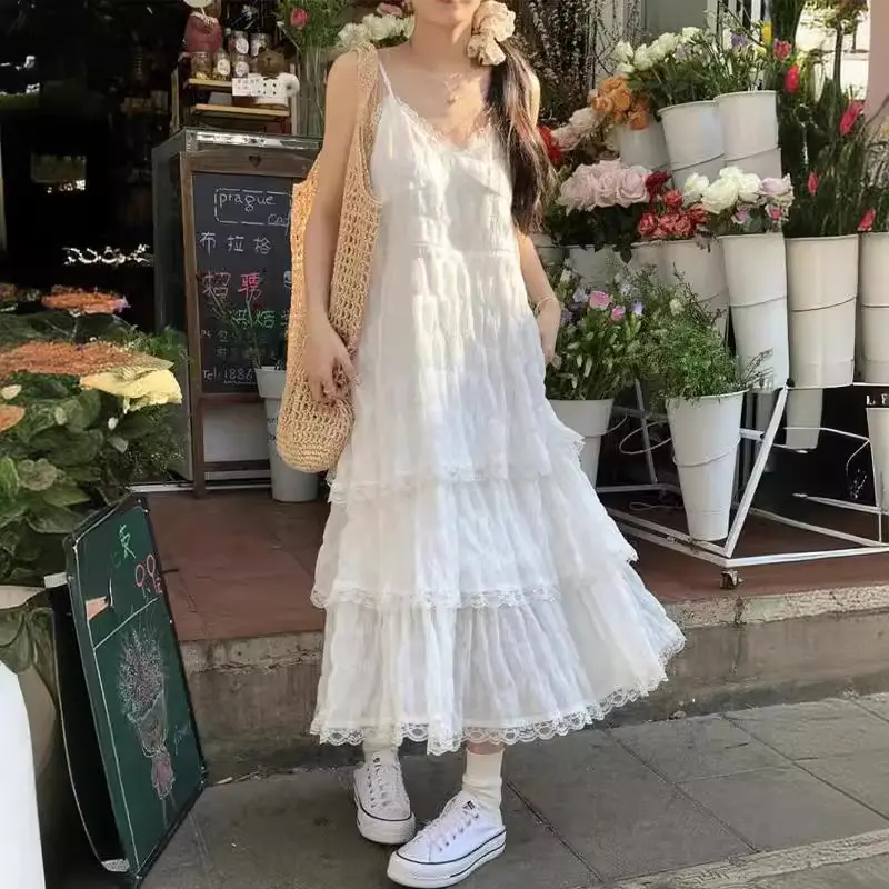 Váy Hai Dây Kiểu Pháp, Màu Trắng Ngọt Ngào, Dành Cho Phụ Nữ, Phong Cách Kỳ Nghỉ Mùa Hè, Váy Dài Bánh Ngọt Dáng Rộng Nhỏ Khuy Dress Women