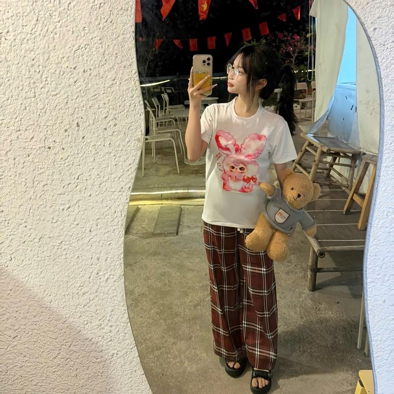 Set bộ cho bé gái, áo thun kèm quần kẻ caro fom rộng in hình baby three dễ thương chất vải cotton su mềm mịn cho bé 15-45kg 6