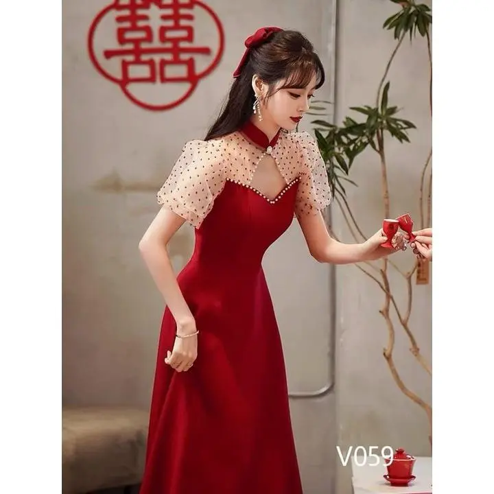 Váy đầm thời trang nữ sang chảnh dự tiệc chất nhung cổ tròn tay ngắn phối voan bi dáng xòe maxi tạo điểm nhấn dễ thương 2