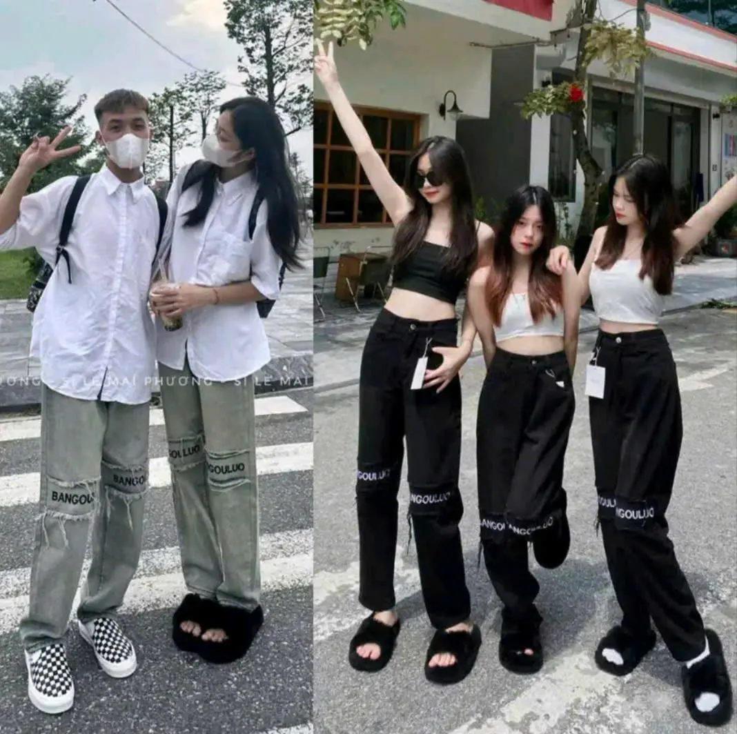 quần Jean học sinh , quần jean bò dáng suông ống rộng nam nữ hoạ tiết kẻ vạch  mẫu mới năm nay Ong Pants Có Túi Đen