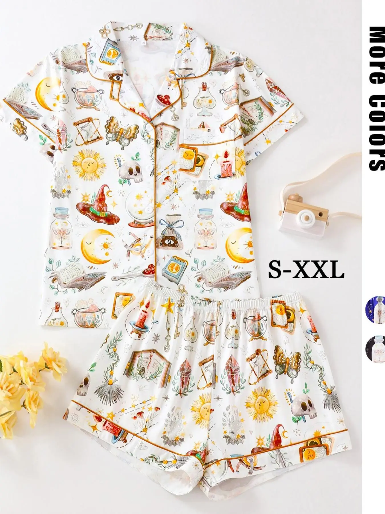 Women's All Over Print Pajama Two-piece Set, Casual Comfy Short Sleeve Lapel Neck Pajama Top & Elastic Waist Shorts PJ Set, Ladies Summer Sleepwear, Women's Pajamas Set