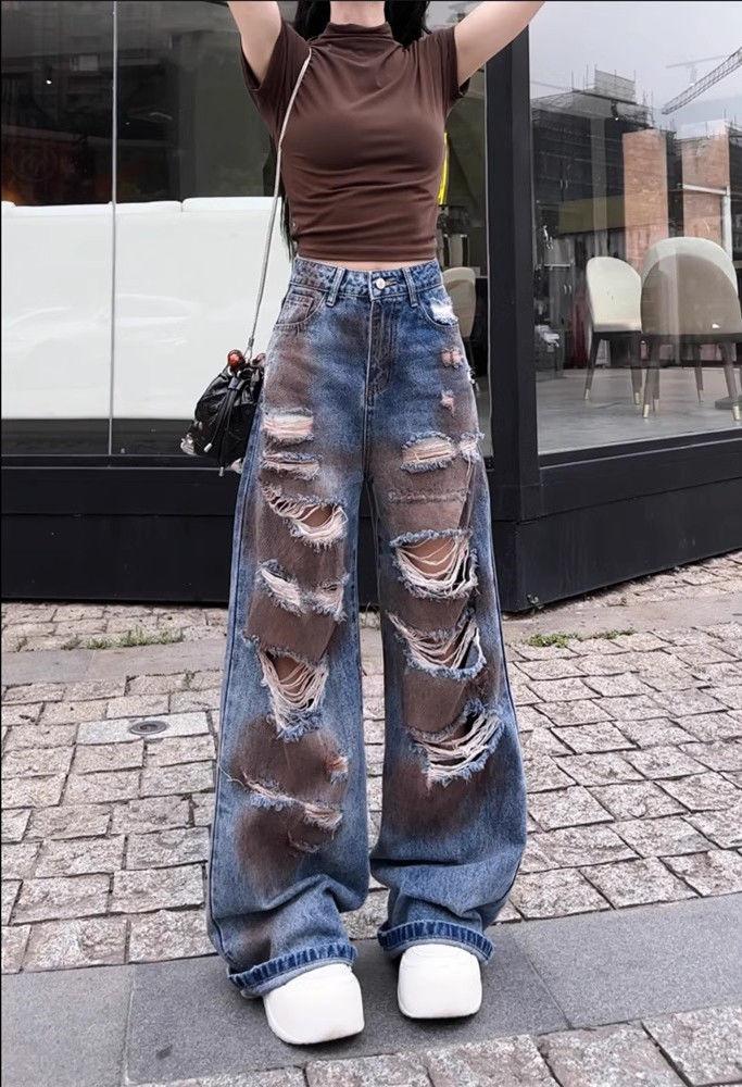 Product Introduction of Retro Tattered Jeans Jeans Women's Summer Thin New Tie-Dyed Slimming High Waist Straight High Street Design Sense Mop Pants 2
