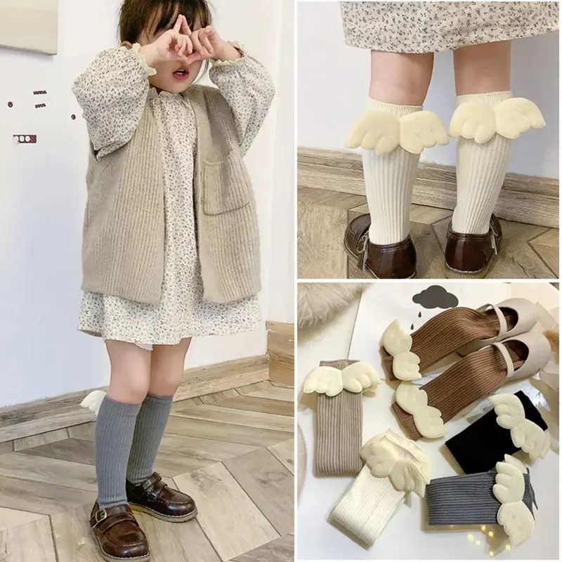 Tất Trẻ Em, Phong Cách Hàn Quốc, Tất Cao Đến Đầu Gối Cánh Dễ Thương Cho Trẻ Em, Thích Hợp Cho Bé Trai Và Bé Gái, Tất Bắp Chân Trẻ Em Bằng Cotton Sọc Màu Trơn Mùa Xuân Và Mùa Thu 1