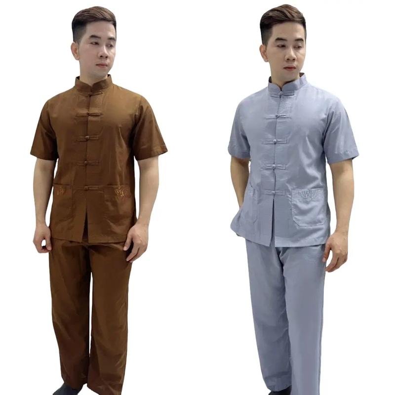 ĐỒ LAM ĐI CHÙA # MẪU LÃNH TỤ - THÊU TÚI TAY NGẮN - VẢI KATE - DÀNH CHO NAM Áo Menswear Quần Âu Sơ Mi Có Cổ Có Túi