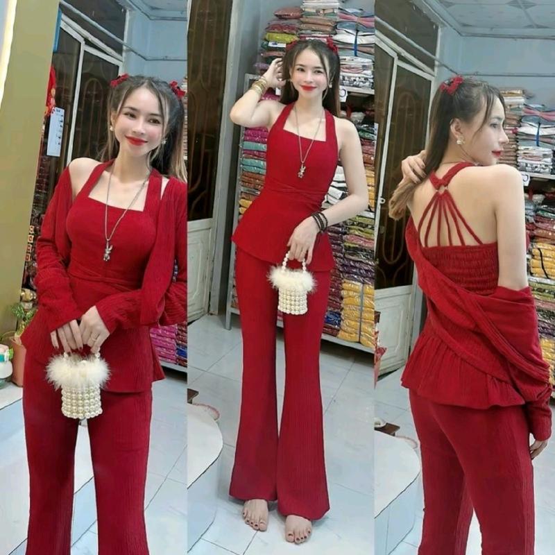 Bộ đồ nữ thun xốp Sét 3 món Áo kiểu dây chéo lưng nhúng thun có mút, quần ống loe và Áo khoác ngoài - Nhung Nữ Women Top Jacket Polo.Voi Kem