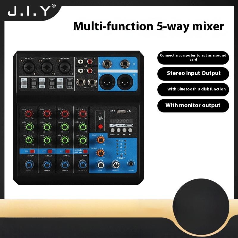 Product Introduction of Mixer 5-way computer recording Free drive sound card Live home stage Bluetooth USB DJmixer mixer 5