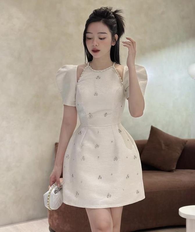 Đầm dự tiệc cổ yếm tay phồng đính hạt NAOMI Dress Nữ Women Nữ Women Kem Trắng