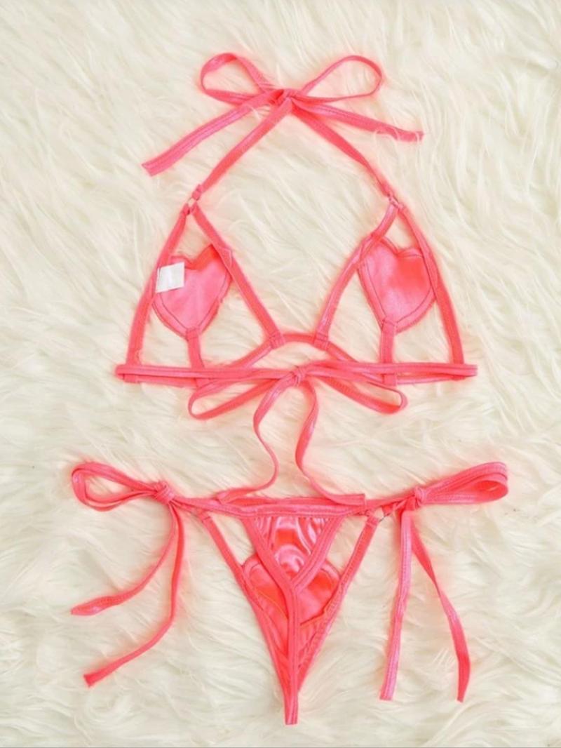 Product Introduction of Women's Heart Design Cut Out Ring Linked Sexy Lingerie Set, Chic Sexy Halter Neck Tie Back Bra & Tie Side Thong Set, Ladies Underwear Set for Indoor Wear 17
