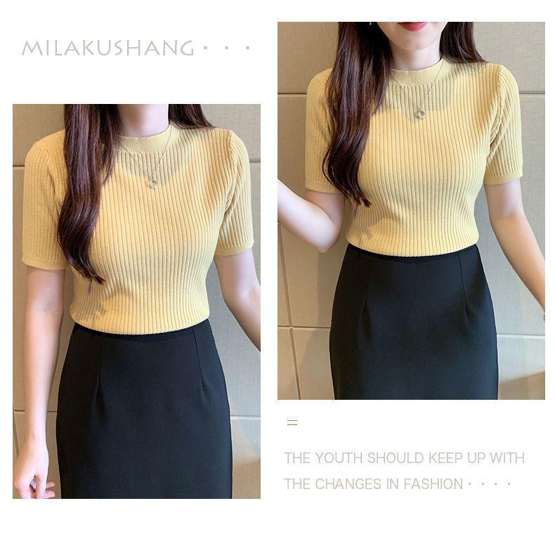 Product Introduction of Áo Dệt Kim, Dáng Ôm, Áo ngắn Tay, Áo Chui Đầu Nữ, Có Thể Mặc Bên Trong, Ngắn, Hàng Mới Về Mùa Hè 2024, Áo Sơ Mi Lớp Nền Cổ Tròn 19