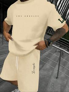 メンズ レギュラーフィット 文字プリントTシャツ＆ショーツセット、カジュアル半袖Tシャツ＆トラックスhorts、メンズ夏服