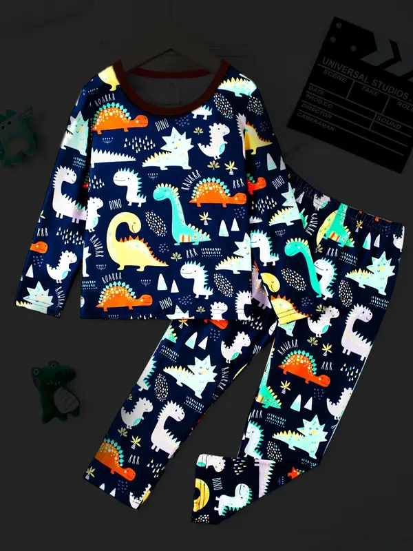 Boy's Glow in The Dark Dinosaur Print Tee & Elastic Waist  Pants Set, Cute Long Sleeve Top  & Trousers, Casual Spring & Fall Clothes for Kids Outdoor Holiday 0