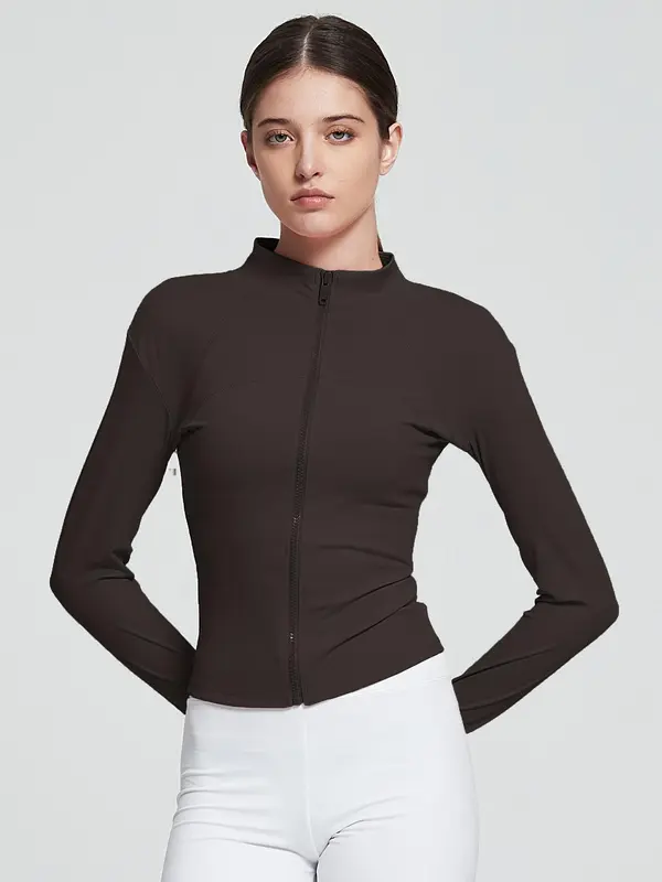 Women's Solid Zip Up Drop Shoulder Sports Jacket with Thumb Hole Design, Quick Drying Breathable Stand Collar Sports Outerwear for Yoga Gym Workout Running, Ladies Sportswear for All Seasons 4