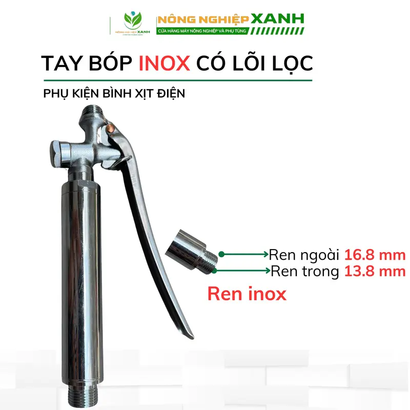 Tay bóp inox có lõi lọc, ren trong 13.8mm, ren ngoài 16.8mm, sử dụng xịt tưới cây trồng, rửa máy lạnh 0