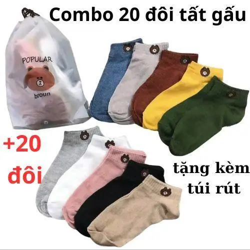 Combo 20 đôi tất vớ nữ cổ ngắn hình gấu kute, tặng kèm túi rút, chất mềm.