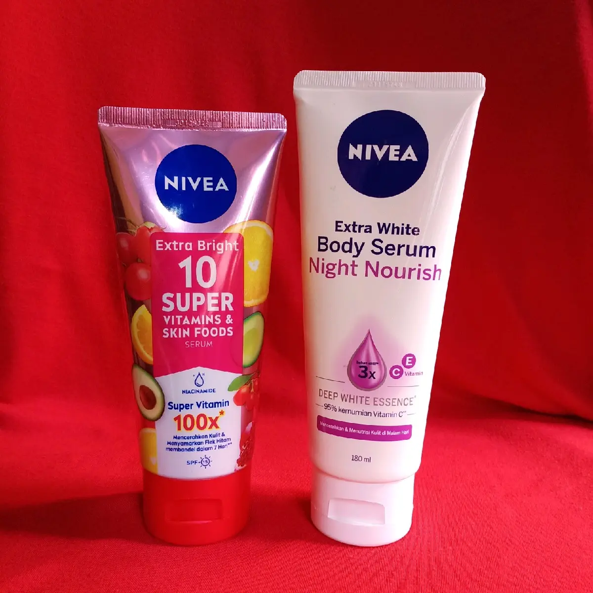 [Paket Pagi dan Malam] Nivea Extra Bright 10 Super Vitamins&Skin Food dan Body Serum Night Nourish 180ml