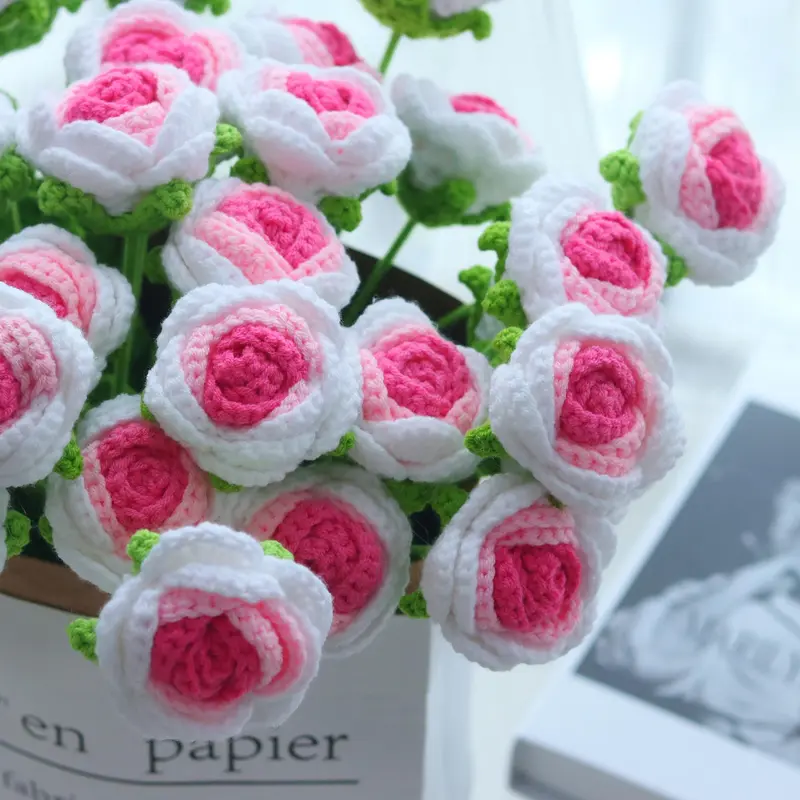 Gradual Change Crochet Rose, 3/6/10pcs Handmade Crochet Rose with Stem, Artificial Flower for Wedding Bridal Bouquet, Home Decor, Valentine's Day Gift Idea 3