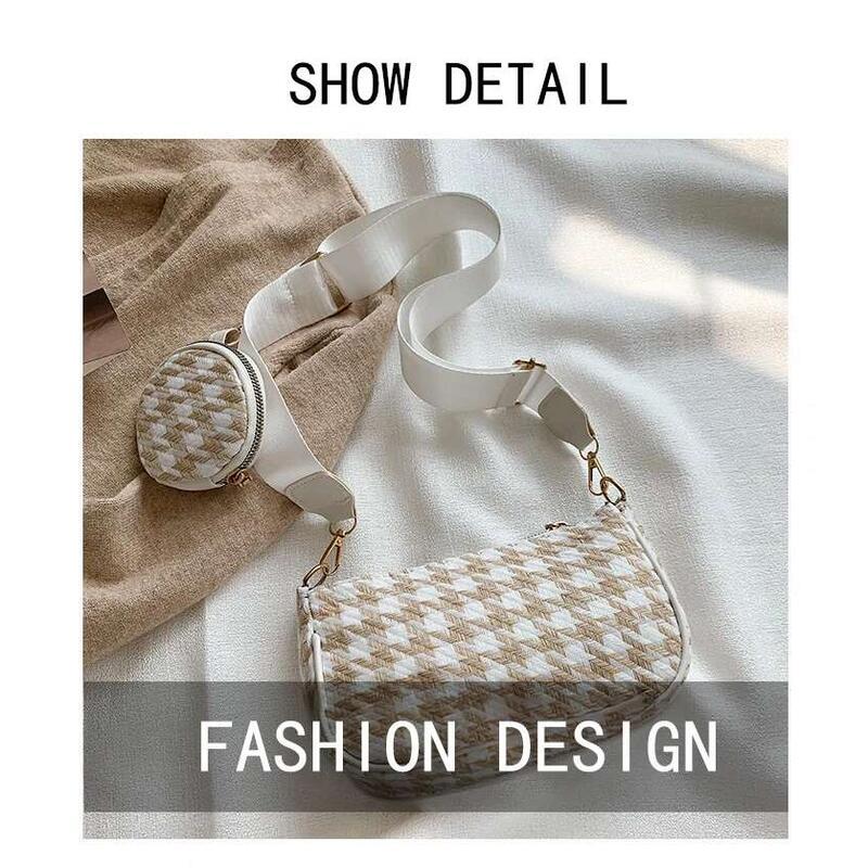 Product Introduction of Female Vintage Plaid Printing Shoulder with Mini Round Purse Pendant Women Casual Small Crossbody Bags 2pcs Composite 3