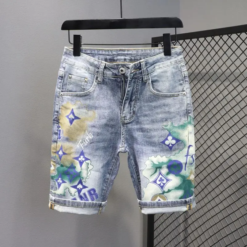Quần Short Denim, Thiết Kế Mùa Hè European Station, Dành Cho Nam Giới, In Cá Tính, Mỏng Vừa Vặn, Thời Trang, Giá Cả Phải Chăng, Sang Trọng, Phong Cách Thường Ngày Co Giãn Mỏng, Quần Cropped