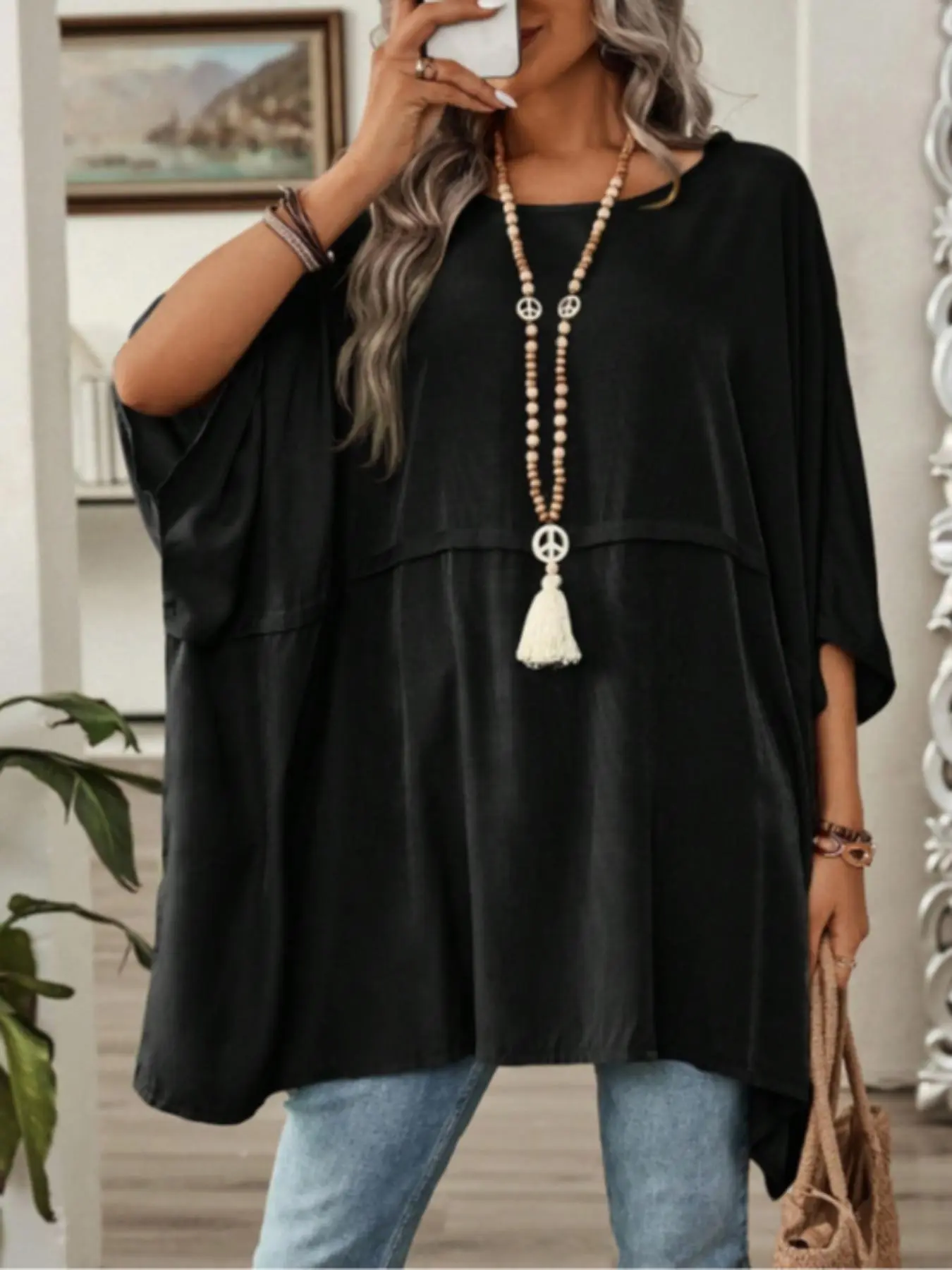 Women's Solid Color Blouse, Casual Batwing Sleeve Blouse for Daily Wear, Ladies Clothes for All Seasons