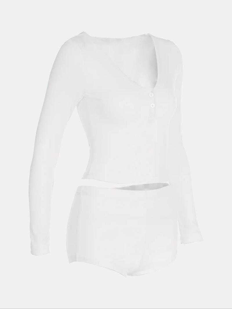 Product Introduction of Women's Solid Button Front Crop Tee & Elastic Waist Shorts Set, Casual Long Sleeve V Neck Top & Shorts Two Piece Set For Daily Wear, Ladies Clothes For All Seasons 7